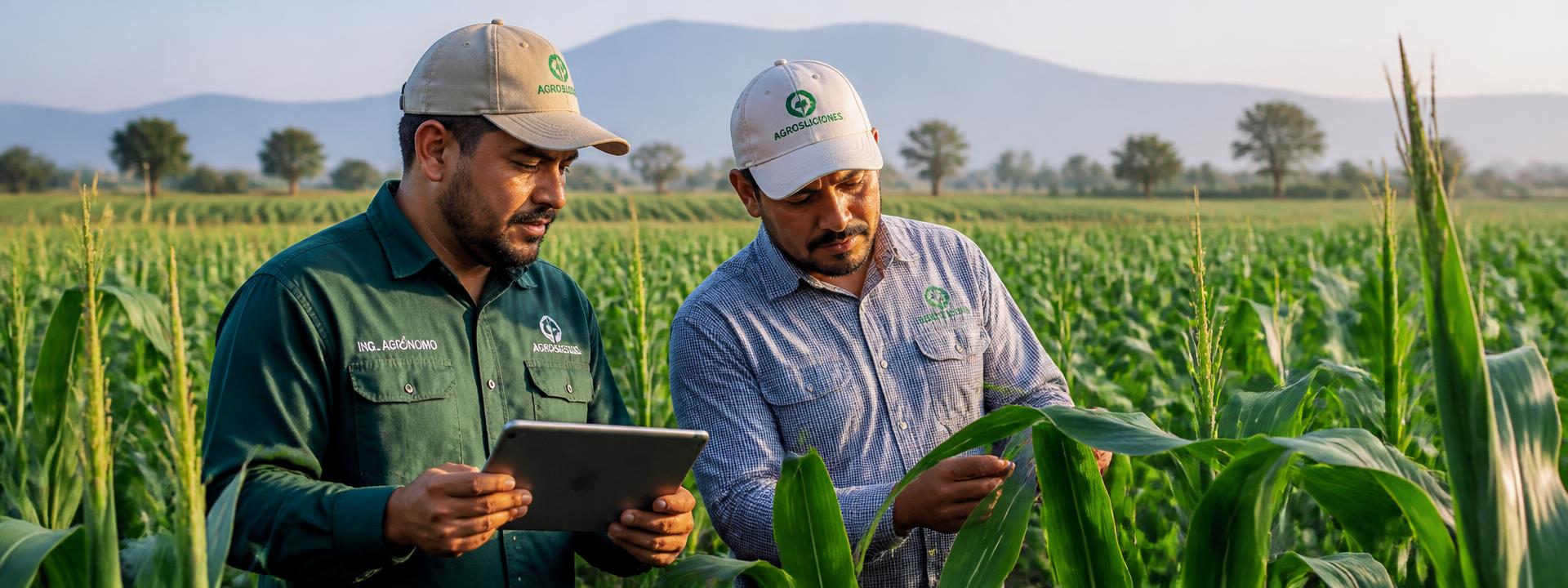 Agrónomos de Agro Hi-Tec revisando un cultivo de maíz
